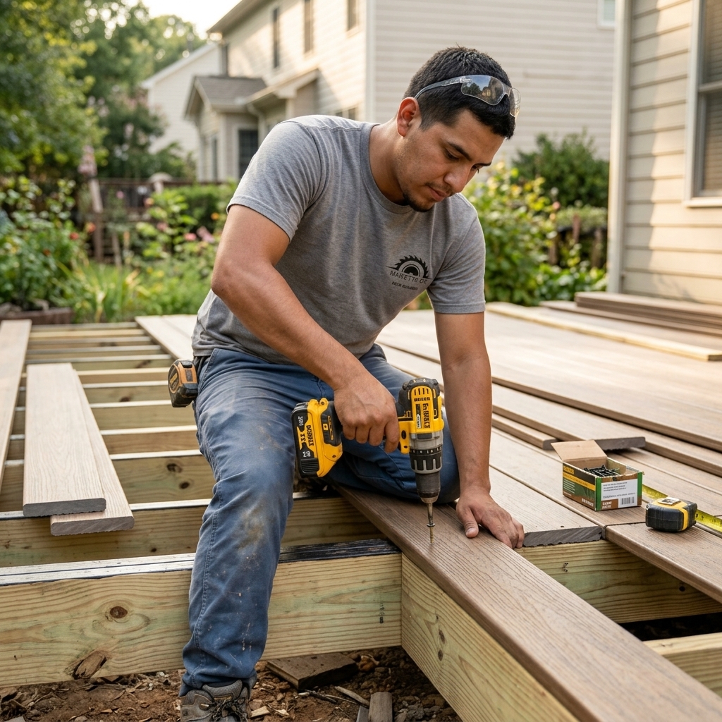Deck builder drilling framing on a custom wood deck in Marietta GA