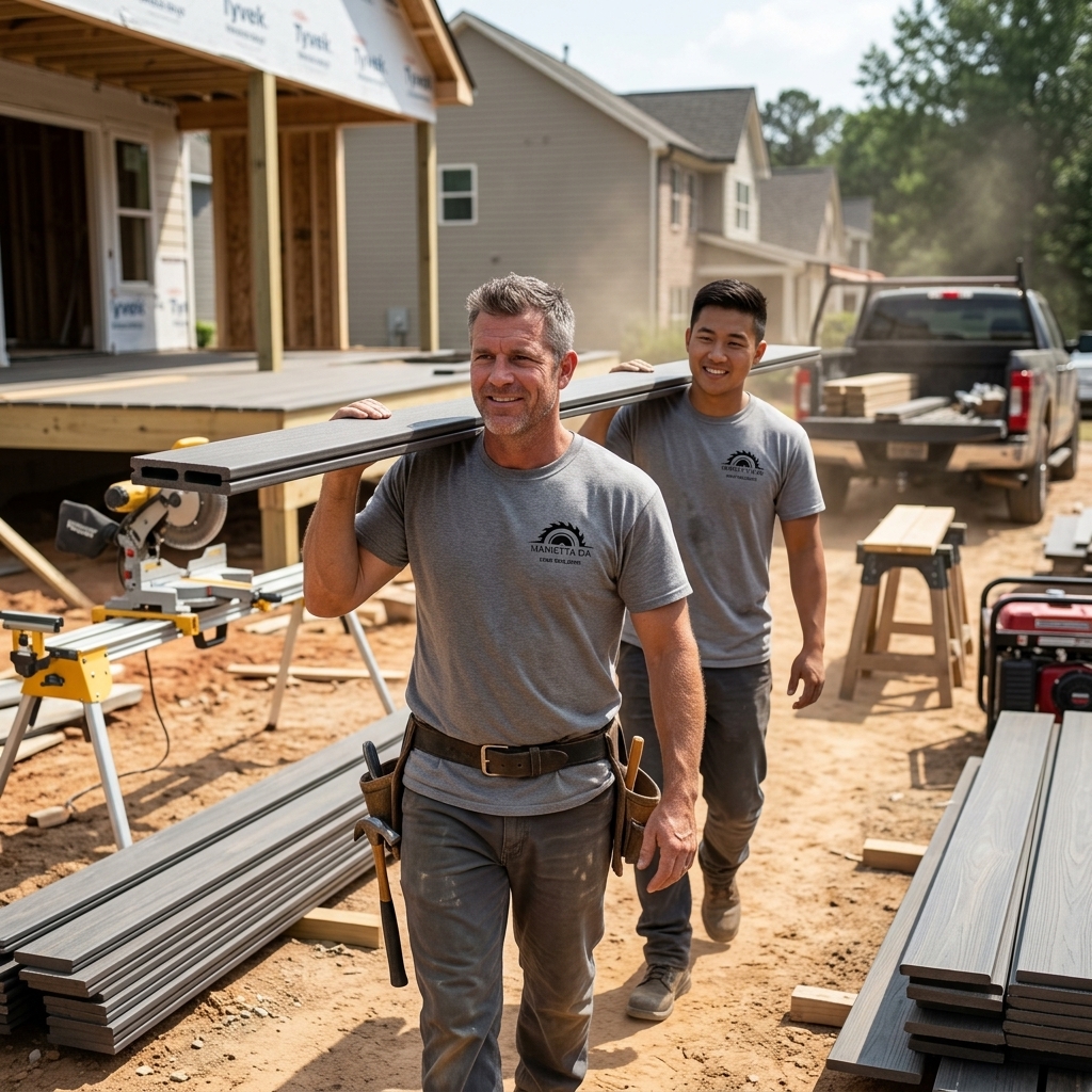 Deck building crew carrying lumber in Mableton GA