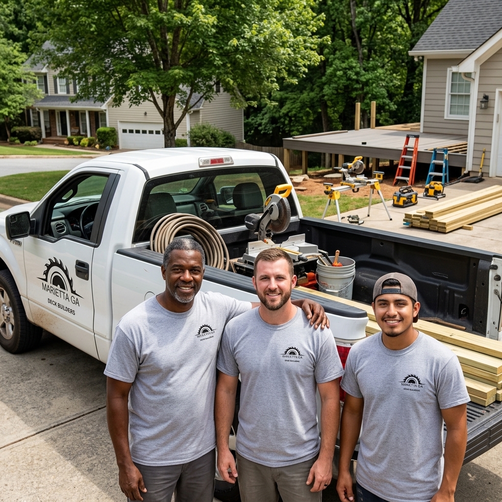 Deck building crew and truck arriving on site for a Marietta GA project