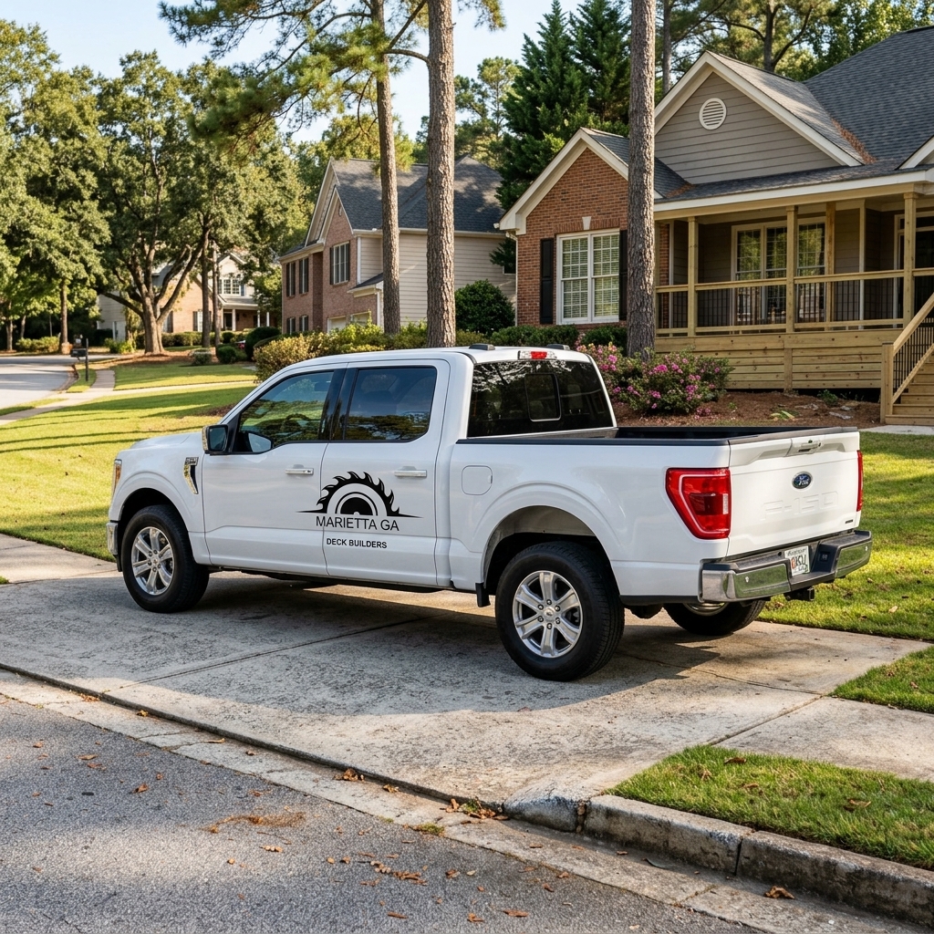 Deck builder truck on job site in Powder Springs GA