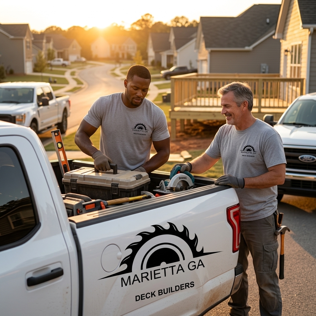 Deck crew loading materials at golden hour in Austell GA